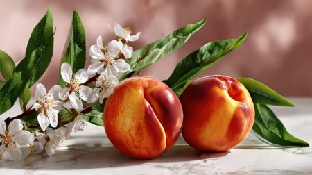 This beautifully arranged still life features fresh peaches beside delicate white blossoms, set against a soft pink background, capturing a moment of natural beauty.の素材