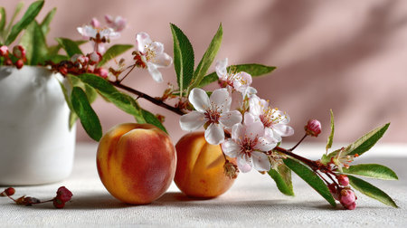 Two fresh peaches rest beside delicate pink blossoms and green leaves, creating a harmonious still life that embodies the essence of spring freshness and beauty.の素材