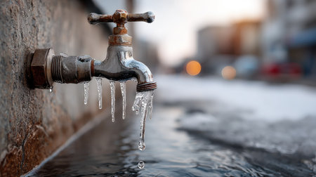 A close-up image showcasing a faucet with water dripping and icicles forming in the winter morning light. This urban scene highlights the contrast between water and ice, capturing the beauty of nature in chilly weather.の素材
