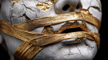 A captivating close-up of a cracked statue face bound with golden strips, symbolizing themes of silence, constraint, and artistic expression.の素材