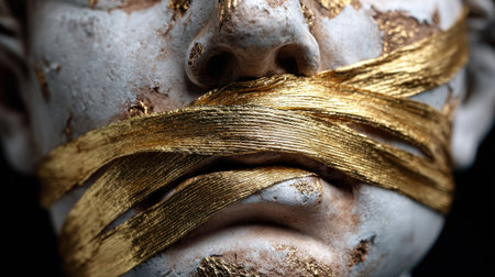 This captivating image showcases a sculptural face adorned with gold bandages, evoking a sense of silent emotion and artistic depth against a dark backdrop.の素材