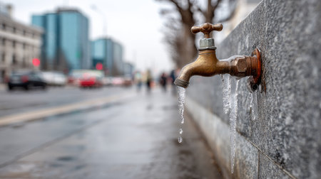 A detailed close-up of a vintage water faucet dripping liquid onto a wet sidewalk in an urban setting, showcasing a rainy day atmosphere and city life.の素材