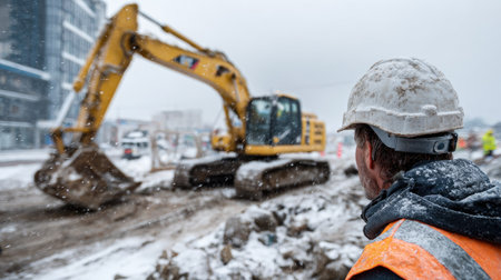 A construction worker in safety gear watches an excavator operate in a snowy urban environment, showcasing winter challenges in construction work.の素材