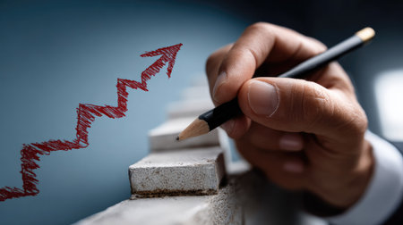 A close-up of a hand holding a pencil, illustrating a rising graph arrow on stone steps against a blue background, symbolizing growth and success.の素材