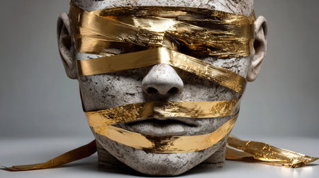 Unique sculpture featuring a head wrapped in shiny gold strips, symbolizing transformation and identity in contemporary art, perfect for creative projects.の素材