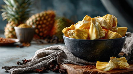 This image showcases fresh pineapple pieces arranged in a dark bowl, set against a rustic backdrop with spices and whole pineapples, emphasizing tropical freshness.の素材