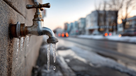 An old, frozen tap drips water surrounded by winter's icy grasp in a bustling urban environment at sunset, blending nature with city life.の素材