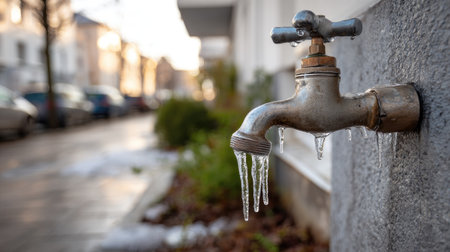 A close-up shot of a frozen water faucet with icicles forming and melting, set against an urban backdrop showcasing winterの素材