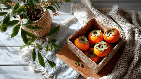 A stunning still life featuring ripe persimmons in a woven basket beside a textured textile and leafy indoor plant, creating a warm and inviting atmosphere.の素材