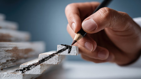 A close-up view of a hand using a pencil to draw a growth arrow on wooden steps, symbolizing progress and success in achieving business goals.の素材