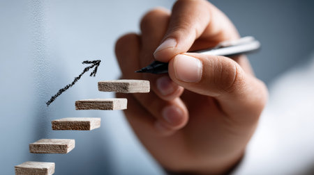 A hand sketches an upward graph with wooden steps, symbolizing growth and progress in business and personal development. Ideal for motivation themes.の素材