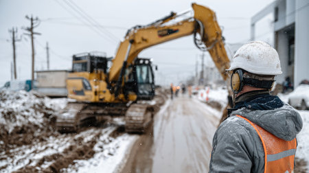 A construction worker in a hard hat and safety vest observes an excavator operating in snowy weather on an urban construction site.の素材