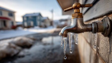 A close-up image of a metallic faucet dripping water, surrounded by snow and ice in a suburban area during winter, illuminated by soft sunlight.の素材