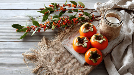 A beautiful still life composition featuring fresh autumn fruits, particularly persimmons, complemented by natural textiles and floral accents.の素材