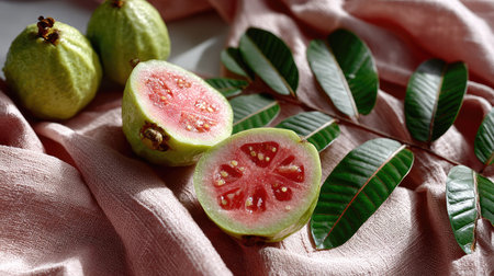 This captivating image showcases a freshly sliced guava fruit, revealing its vibrant pink flesh and seeds, paired with green guava and lush leaves on soft fabric.の素材