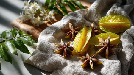 A beautiful arrangement of fresh starfruit slices and star anise on natural linen fabric, highlighting vibrant colors and diverse textures.の素材