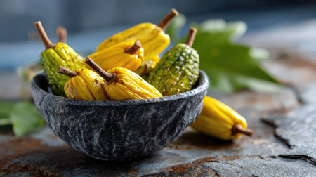 A visually appealing arrangement of fresh yellow gourds displayed in a rustic bowl, set against a textured surface, enhanced by green leaves and a charming background.の素材