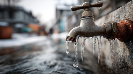 This captivating close-up image features a weathered outdoor faucet with droplets of water dribbling down. Set against a frosty urban backdrop, it encapsulates the beauty of winter, highlighting the intricate details of plumbing and nature.の素材