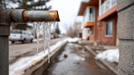 A close-up view of a rusty pipe with water dripping from it, set against a backdrop of residential buildings and melting snow, showcasing urban winter elements.の素材
