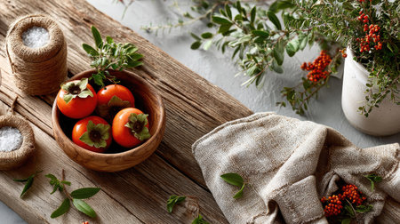 A rustic flat lay featuring fresh persimmons in a wooden bowl alongside olive branches and salt on a textured wooden table, perfect for autumn-themed culinary photography.の素材