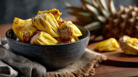 A visually appealing arrangement of dried pineapple pieces in a black bowl, highlighting their vibrant color and texture, perfect for healthy snack ideas.の素材