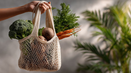 A beautiful display of fresh organic vegetables in a reusable bag, highlighting broccoli, carrots, and beets, perfect for promoting healthy eating habits.の素材