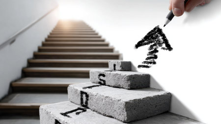 A unique visualization of growth and progress, showcasing a hand drawing an upward arrow on concrete steps in a modern interior. This concept signifies motivation and aspiration.の素材