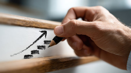 A close-up of a hand sketching a growth chart with a pencil on a wooden surface, symbolizing business development and success in an office environment.の素材