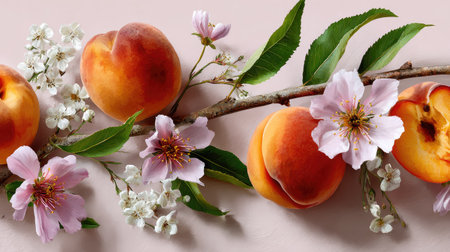 A stunning still life composition featuring fresh peaches on a branch alongside delicate pink and white flowers. The vibrant colors and natural elements create a beautiful representation of springtime, perfect for culinary and lifestyle themes.の素材