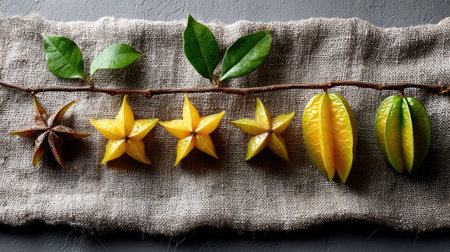Beautiful arrangement showcasing different stages of star fruit alongside leaves on a rustic fabric, perfect for culinary concepts and health-focused themes.の素材