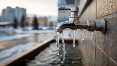 A glistening chrome faucet drips water in a winter scene, beautifully contrasting with the icy surroundings and soft city skyline at sunset.の素材