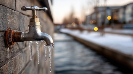 A close-up of a frosted faucet with icicles hanging, set against a serene waterway in an urban environment at dusk, showcasing winter's beauty.の素材