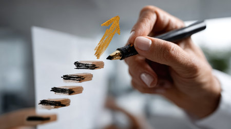 A close-up of a hand using a marker to draw ascending steps on paper, symbolizing business growth and success in a modern office environment.の素材