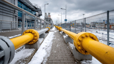 This image showcases an industrial pathway lined with yellow pipelines, set against a cloudy sky and snow-covered ground, illustrating modern infrastructure.の素材