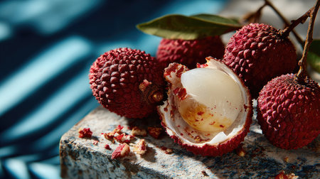 A vibrant arrangement of fresh lychee fruits is displayed, featuring one opened to reveal its succulent white flesh, set against a rustic background with soft shadows.の素材