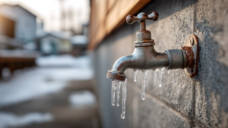 A rustic metal faucet showcases water dripping with icicles in a winter outdoor setting, adding a unique touch to residential architecture and nature.の素材