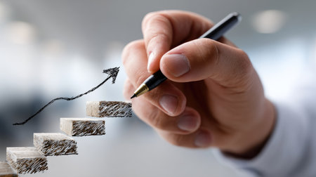 This image features a hand holding a pen, poised above stacked blocks, symbolizing growth and progress in business strategy and planning.の素材