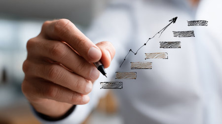 A close-up of a hand drawing an upward arrow on a graph with sketch lines, symbolizing business growth and success in a modern corporate environment.の素材