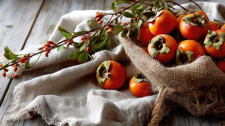 A beautiful still life featuring fresh persimmons arranged in a burlap sack alongside autumn branches. The scene captures the essence of the seasonal harvest.の素材