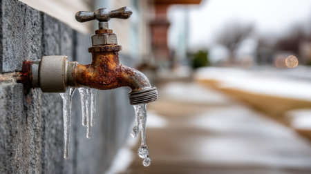 This image features a rusty outdoor faucet with icicles hanging from its spout, capturing the essence of winter in an urban setting. The frozen scene highlights the contrast between metal and ice, evoking a chilly atmosphere.の素材