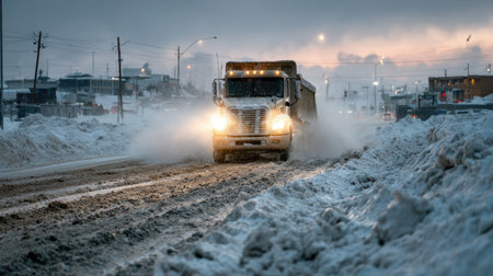 A heavy truck trudges through a snowy road during a winter sunset, highlighting the challenges of winter driving amidst falling snow and dusk light.の素材