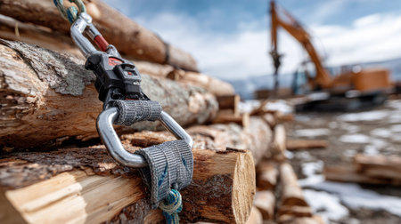 A close-up view of a metal carabiner secured to a safety harness resting on stacked wooden logs. Heavy machinery appears blurred in the background.の素材