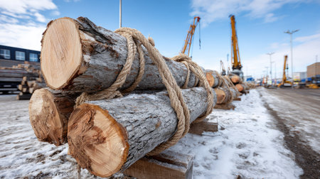 A captivating view of neatly stacked logs tied with sturdy ropes, set against a bright blue sky, showcasing industrial cranes in the background.の素材