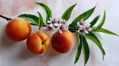 A stunning close-up of fresh peaches adorned with delicate blossoms, showcased on a leafy branch against a soft pastel background. Perfect for seasonal themes.の素材