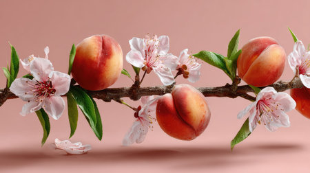 This captivating image features ripe peaches on a blossoming branch, set against a soft pink background, perfect for showcasing freshness and nature.の素材