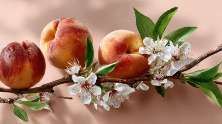 An exquisite arrangement of fresh ripe peaches nestled among delicate blossoms on a soft pink background, showcasing vibrant colors and natural beauty.の素材