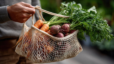 A hand holds a natural cotton tote filled with freshly harvested organic vegetables like carrots and beets, symbolizing sustainability and healthy eating.の素材