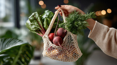 A person holds a reusable net bag filled with fresh vegetables, including leafy greens and colorful beets, in a modern indoor environment, showcasing a commitment to a healthy lifestyle.の素材