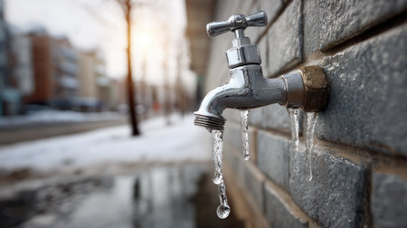 A detailed close-up of a silver outdoor faucet dripping water, surrounded by ice and snow, capturing the beauty of a winter urban scene at sunset.の素材