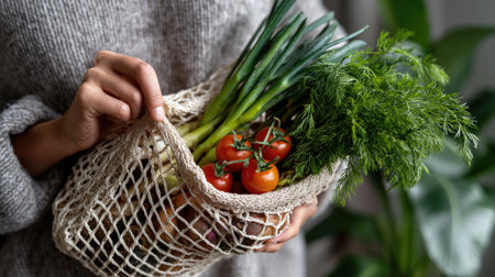 A person holds a net bag filled with fresh organic vegetables, featuring spring onions and tomatoes, set against a backdrop of lush greenery, symbolizing sustainability and healthy living.の素材